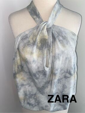 Zara Tie-Neck Halter Camisole in Grey and Light Yellow Tie-Dye